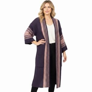 EASEL Boho purple gold and copper long open knit cardigan patch pockets Size M/L